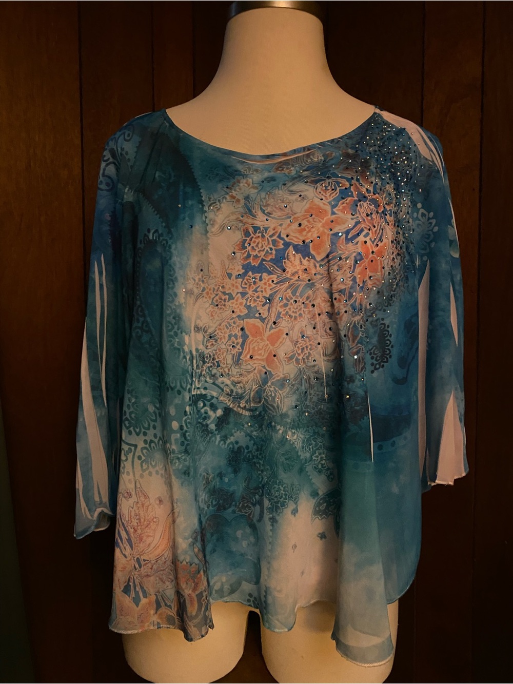 REBA Teal Floral Print Blouse with Embellishment 2piece L